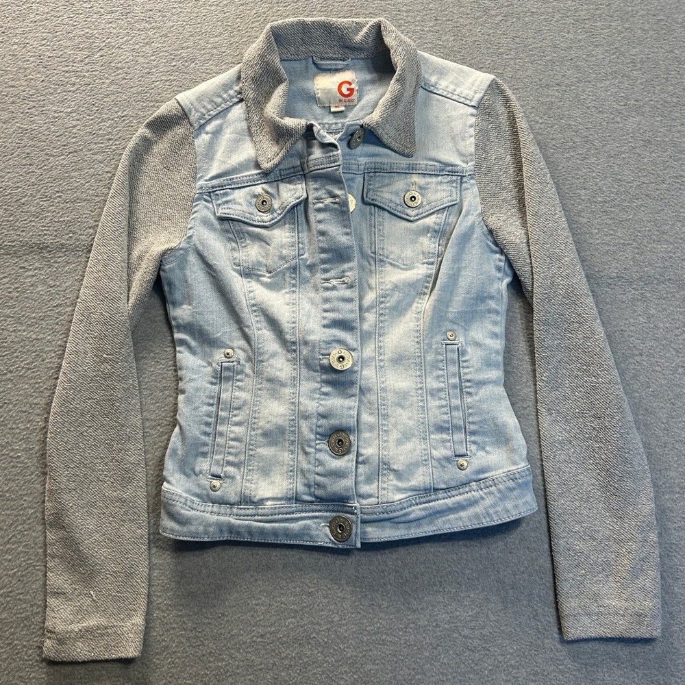 G by GUESS Denim Jacket Womens XS Light Wash Gray Knit Sleeves Mixed Media Y2K